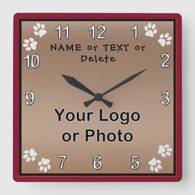 Personalised Dog Clock, Your TEXT,  PHOTO or LOGO Square Wall Clock (Front)