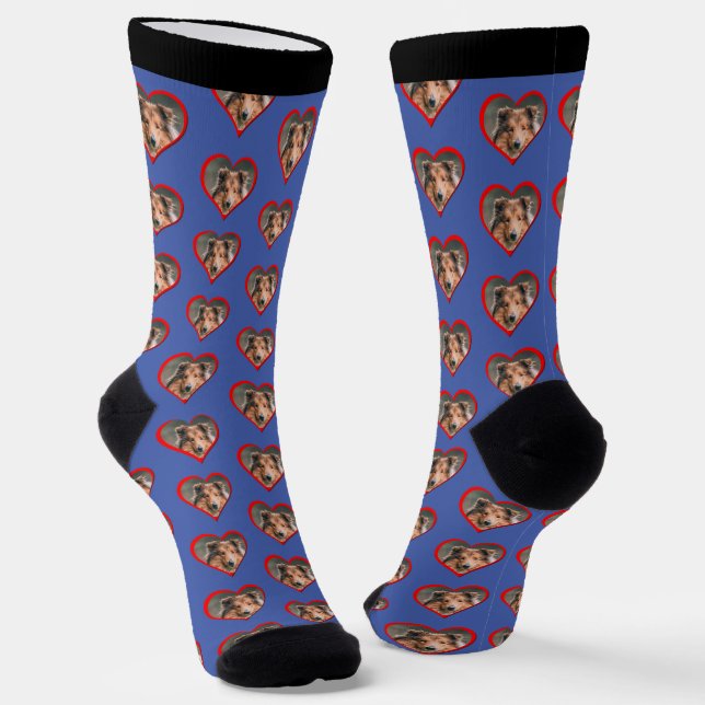Personalised Dog Face Head in Heart on Blue Socks (Angled)