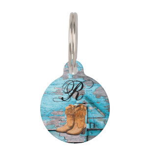 Personalised Dog ID Tag Blue Wood Barn Door Boots