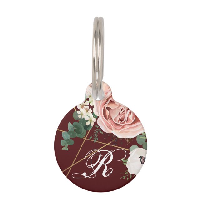 Personalised Dog ID Tag Geometric Garden Rose Wine (Front)