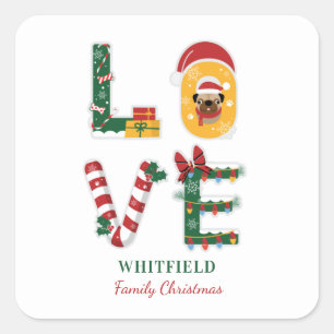 Personalised Dog LOVE Family Christmas Holiday Square Sticker