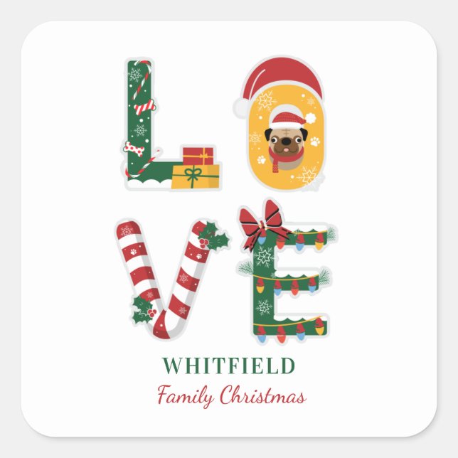 Personalised Dog LOVE Family Christmas Holiday Square Sticker (Front)