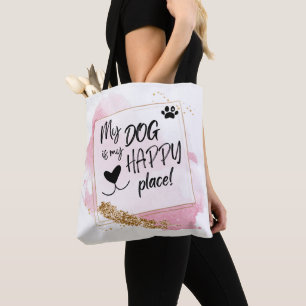 Personalised Dog Lover Happy Place Pink & Gold Tote Bag