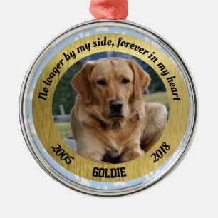 Personalised Dog Memorial Blue And Gold Christmas Metal Tree Decoration