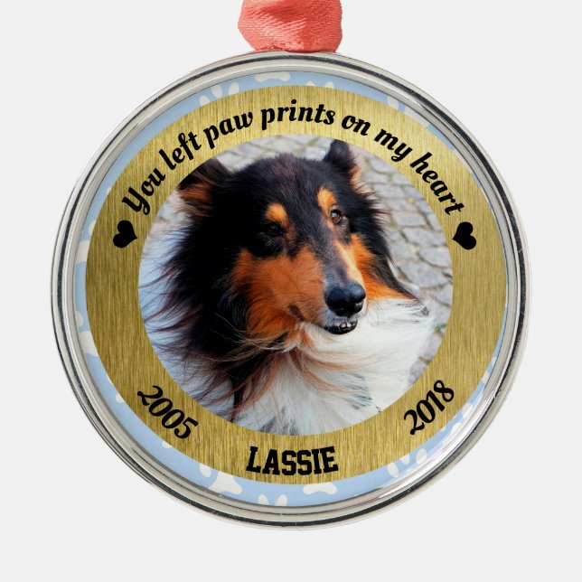 Personalised Dog Memorial Blue And Gold Christmas Metal Tree Decoration (Front)