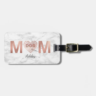 Personalised Dog Mum Rose Gold Paw Prints Heart Luggage Tag