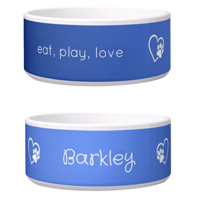 Personalised Dog Name Bowl Azure 'eat, play, love' (Creator Uploaded)