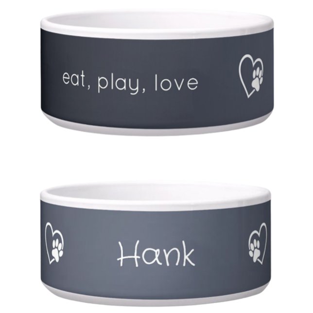 Personalised Dog Name Bowl Grey 'eat, play, love' (Creator Uploaded)