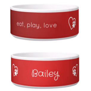 Personalised Dog Name Bowl Red 'eat, play, love'