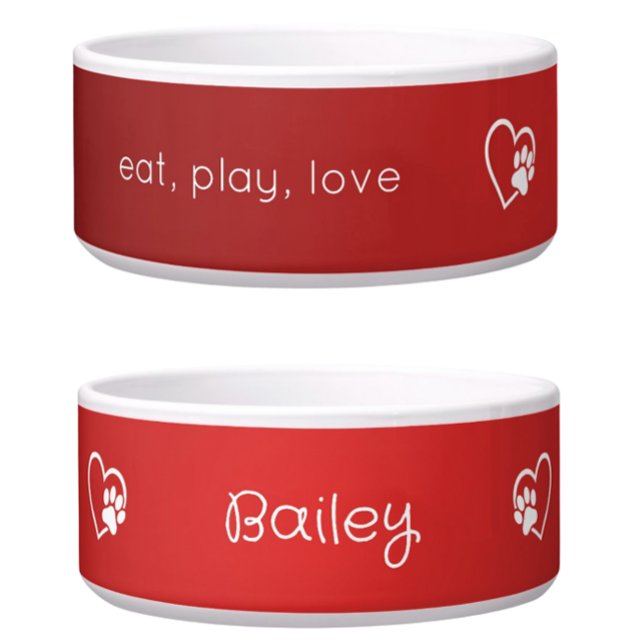 Personalised Dog Name Bowl Red 'eat, play, love' (Creator Uploaded)