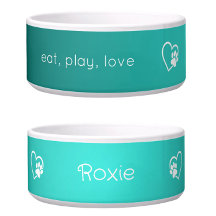 Personalised Dog Name Bowl Teal 'eat, play, love'