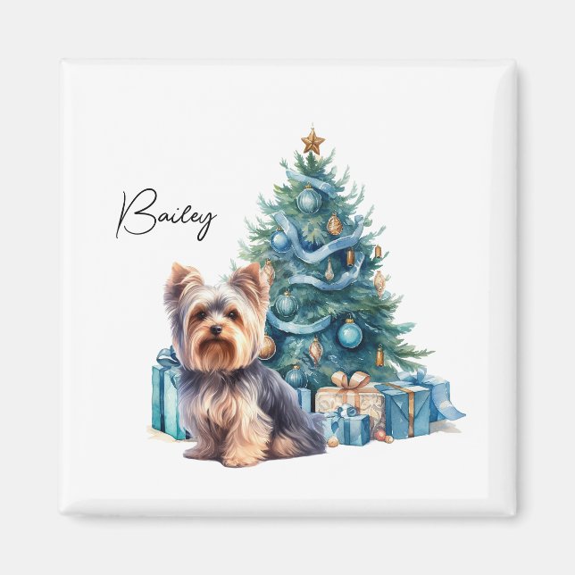 Personalised Dog Name Yorkie with Christmas Tree Magnet (Front)