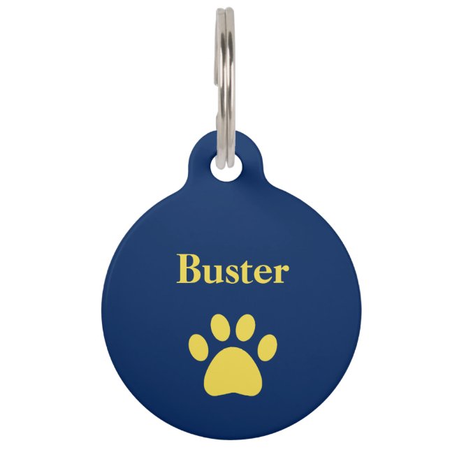 Personalised Dog Paw Print Blue Yellow Pet Tag (Front)