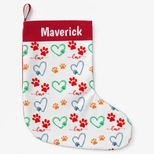 Personalised DOG PAW PRINTS and LOVE HEARTS Small Christmas Stocking