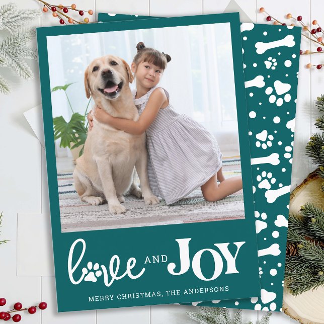 Personalised Dog Pet Photo LOVE & JOY Paw Print Holiday Card (Creator Uploaded)