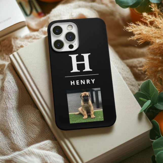 Personalised Dog Photo Black Minimalist Name Case (example is on a iphone 15 but most phone cases available)