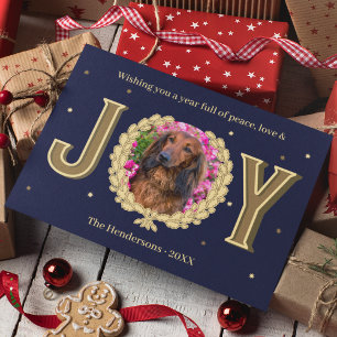 Personalised Dog Photo Blue Gold Joy Christmas Holiday Card
