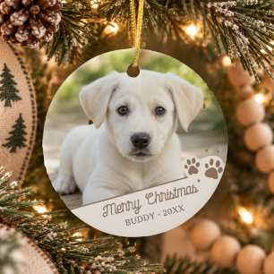 Personalised Dog Photo Christmas Pet Name & Year Ceramic Tree Decoration