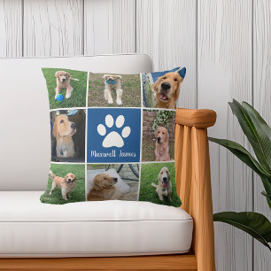 Personalised Dog Photo Collage Paw Print Blue Cushion