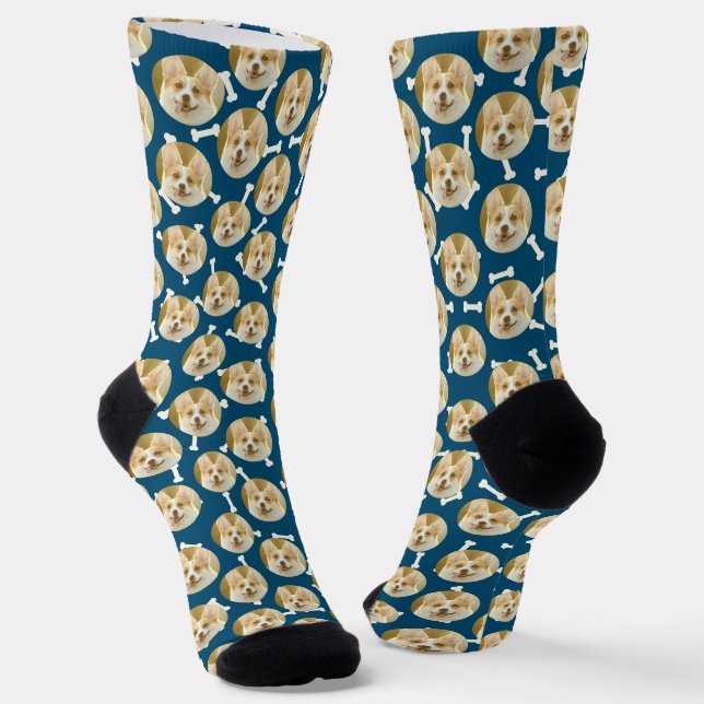 Personalised Dog Photo Pattern Dog Dad Navy Blue Socks (Angled)