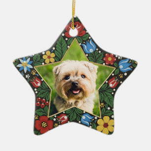 Personalised Dog Photo Star Folk Floral Christmas Ceramic Tree Decoration
