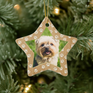 Personalised Dog Photo Star Paw Prints Faux Wood Ceramic Tree Decoration