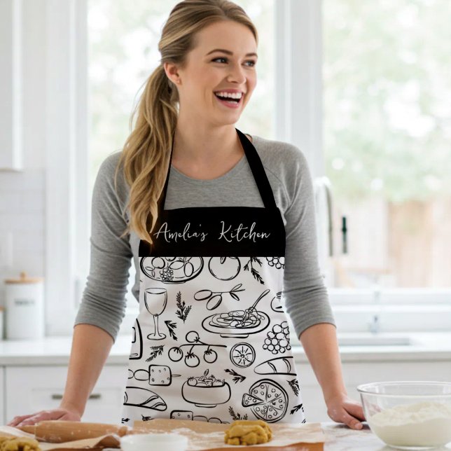 Personalised Dolce Vita Food Pattern Black White Apron (Creator Uploaded)