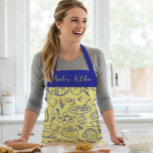 Personalised Dolce Vita Food Pattern Blue Yellow Apron