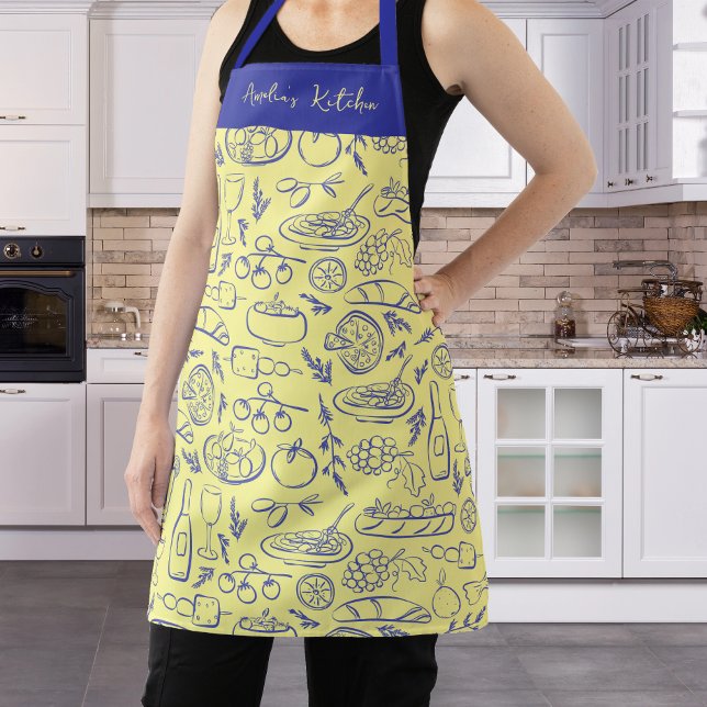 Personalised Dolce Vita Food Pattern Blue Yellow Apron (Creator Uploaded)