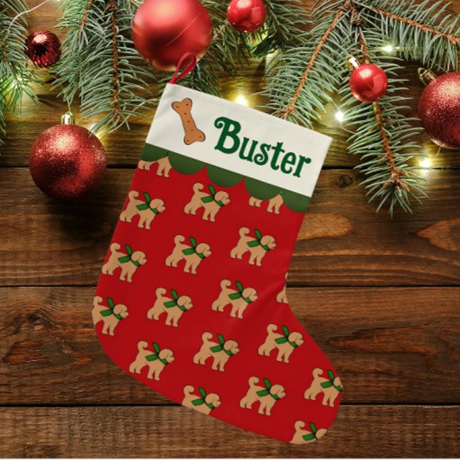 Personalised Doodle Dog Red Green Tan Large Christmas Stocking (Creator Uploaded)