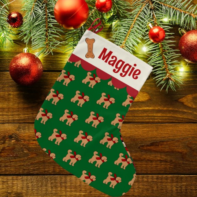 Personalised Doodle Dog Red Green Tan Large Christmas Stocking (Creator Uploaded)