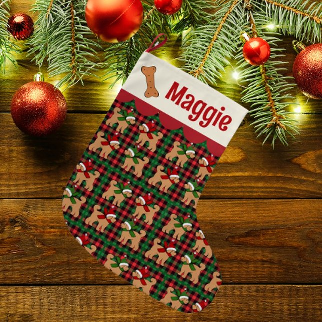 Personalised Doodle Dog Red Green Tan Plaid  Large Christmas Stocking (Creator Uploaded)