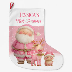 Personalised  Double Sided  Pink First Christmas Large Christmas Stocking