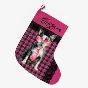 Personalised  Double sided Quirky Boston Terrier Large Christmas Stocking