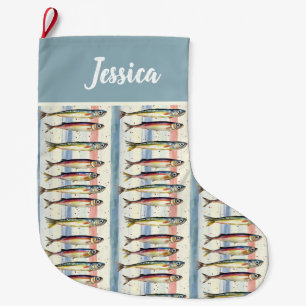 Personalised  Double Sided Quirky Sardine Design Large Christmas Stocking