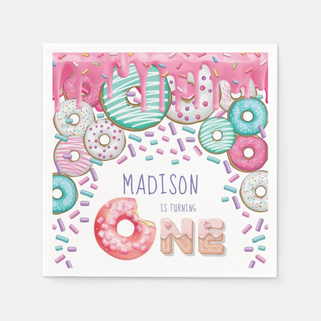 Personalised Doughnut Sprinkles First Birthday Napkin (Front)