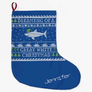 Personalised Dreaming of Great White Shark Blue Large Christmas Stocking