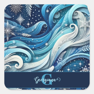 Personalised Dreamy Blue and Frosty Winter Swirls Square Sticker