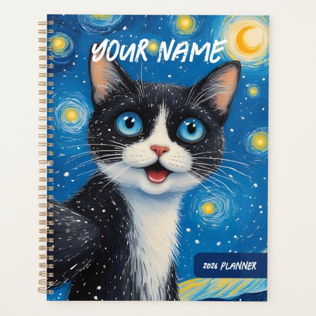 Personalised Dreamy Moon Cat Starry Night Planner (Front)