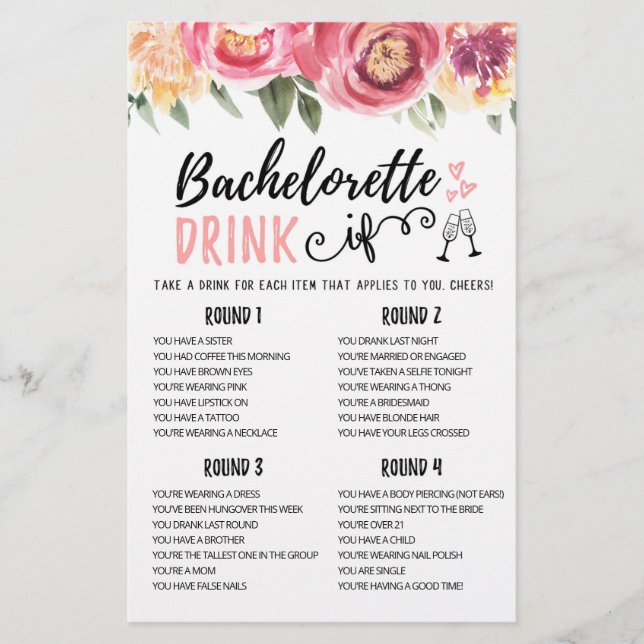 Personalised DRINK IF Bachelorette, Hen Party game (Front)