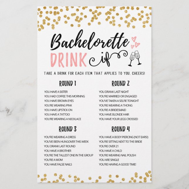 Personalised DRINK IF Bachelorette, Hen Party game (Front)