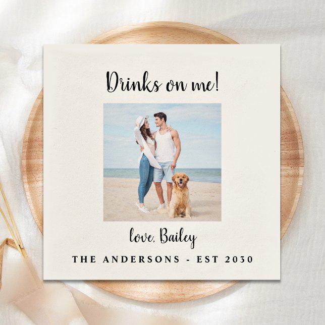Personalised Drinks On Me Dog Photo Pet Wedding Napkin (Creator Uploaded)