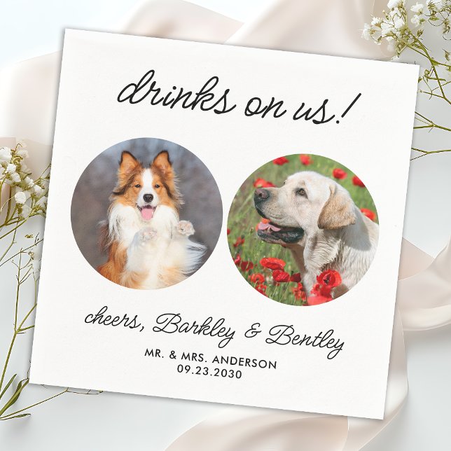 Personalised Drinks On Us 2 Photo Pet Dog Wedding Napkin (Creator Uploaded)