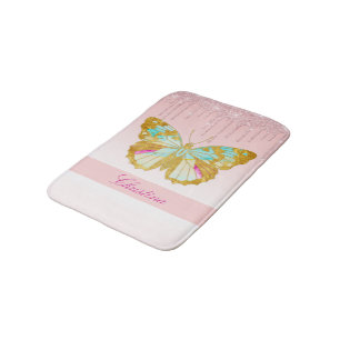 Personalised Dripping Glitter Pink Teal Butterfly Bath Mat