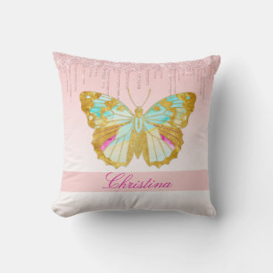Personalised Dripping Glitter Pink Teal Butterfly Cushion
