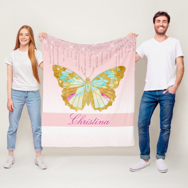 Personalised Dripping Glitter Pink Teal Butterfly Fleece Blanket (In Situ)