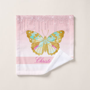 Personalised Dripping Glitter Pink Teal Butterfly Wash Cloth