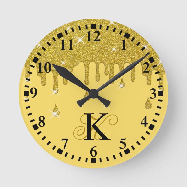 Personalised Dripping Gold Glitter Effect Sparkles Round Clock (Front)