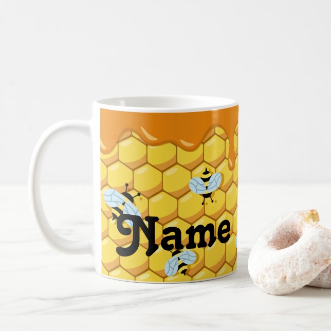 Personalised Dripping Honey Bees Design Coffee Mug (With Donut)