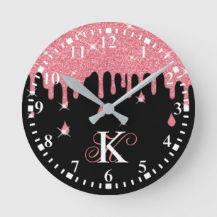 Personalised Dripping Pink Glitter Effect Sparkles Round Clock
